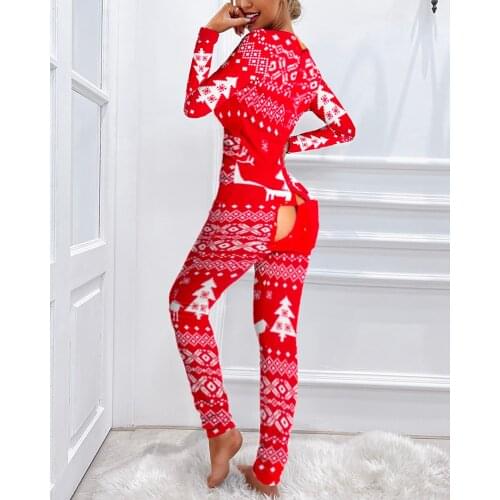 2021 New Fashion Christmas Print Functional Buttoned Flap Adults Pajamas Sleep Home Clothes Long Sleeve Female Womens Jumpsuits