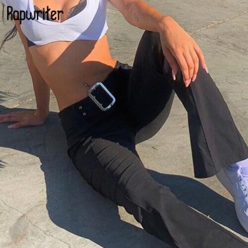 Rapwriter Casual Black Flare Pants y2k Low Waist Skinny Capris With Belt 90s Women Cargo Pants Stylish Autumn Trouser Streetwear