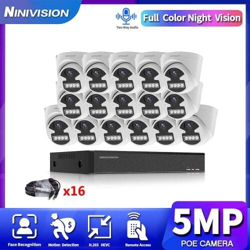 NINIVISION 4K POE NVR System 1080P 2MP 5MP Two Way Audio POE Full color night Dome Camera 16CH NVR Kit Video Surveillance Set