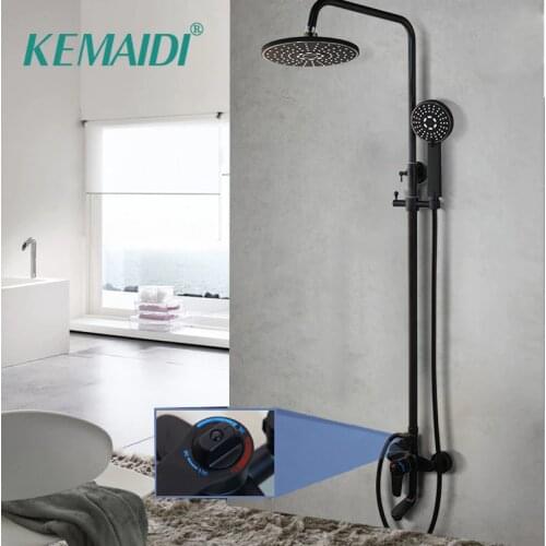 KEMAIDI Thermostatic Temperature Bathroom Shower Mixer Tap Faucet Set Black Painting Wall Mount Rainfall Round Adjustable Hand