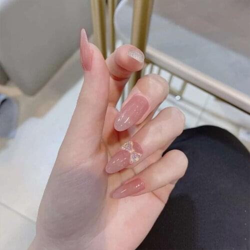 Nude Bow False Nail Art Artificial Press On With Jelly Glue Full Cover Stylish Daily Detachable Finished Fingernails