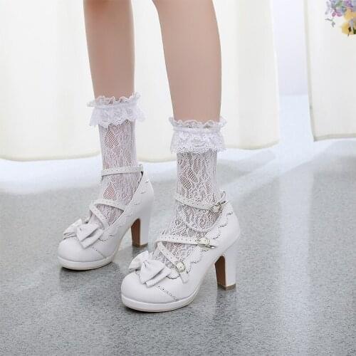 Lolita shoes sweet princess daily japanese high heel vintage lace bowknot cross bandage kawaii shoes cosplay loli women shoes