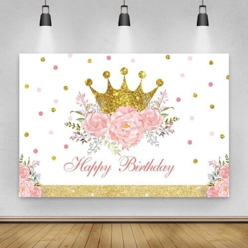 Adult Birthday Party Photo Backdrops Golden Crown Flowers Princess Queen Girl Photograhpy Backgrounds Cake Dinner Table Decor