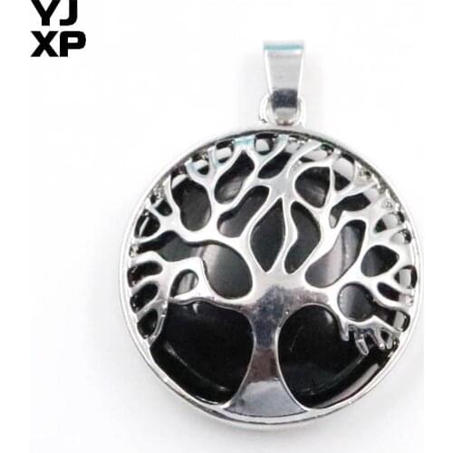YJXP Trendy Tree of Life Natural Black Agates Round Shape Reiki Amulet Stone Pendant for Necklace Luck Charm Unisex Jewelry Gift