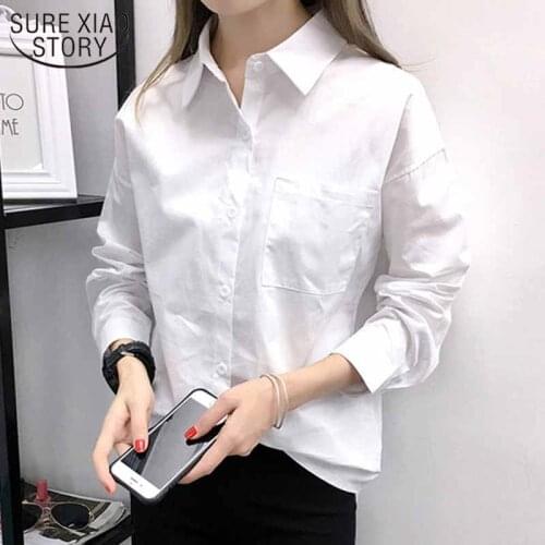 Office Lady Casual Tops Oversize Shirt Autumn Mid-length Pocket Lapel Blouse Women Long Sleeve Cotton Loose White Shirt 12652