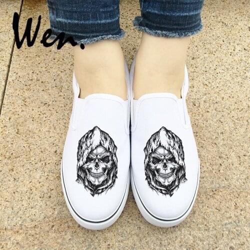 Wen Design Death Skull Grim Reaper Athletic Men Sneakers White Black 2 Choices Slip On Women Canvas Sports Shoes Low Plimsolls