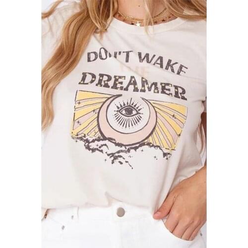 Don't Wake The Dreamer Vintage Graphic T shirt Female Loose Short Sleeve Tees Ins Fashion 2021 New Round Neck Tops Streetwear