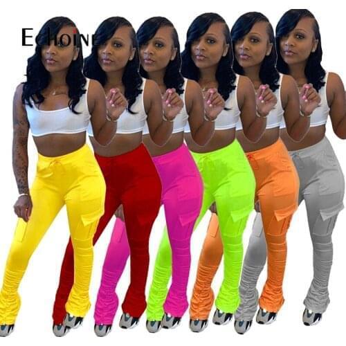 Echoine New Women Stacked Solid high waist Pants Flare Pants Pleated Long Trousers Streetwear Has Stretch Joggers Sweatpants