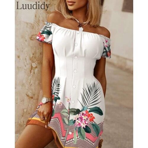 Women Floral Print Off Shoulder Button Design Mini Dress Slash Neck Casual Dress