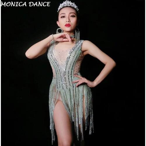 Women Sexy Birthday Celebrate Sparkly Silver Rhinestones Fringes Bodysuit Costume Tassel Bodysuit Performance Evening Bodysuit