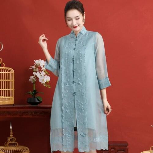 Top Quality Silk Dress 2021 Summer Plus Size Clothing Women Lurex Embroidery Qipao Button Casual Blue Black Cardigan Dress 3XL