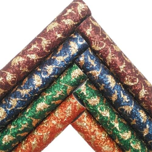 Gold Dinosaures Printed Chunky Glitter Faux Vinyl Fabric with Felt Backing Glitter Sheets For Earrings Bows DIY 21X29CM GM2185B