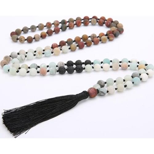 8MM Beads Chakra Long 108 Mala Necklace Natural Stone Meditation Statement Japa Yoga Buddhist Rosary Prayer Charm Tassel Jewelry