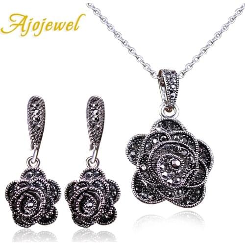 Ajojewel Brand Parure Bijoux Elegant Crystal Rose Flower Necklace Earrings Black Vintage Jewelry Sets For Women