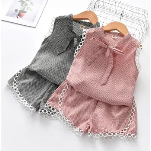 Kids Summer Clothes Plaid Girls Clothes Kids Vest + Shorts 2PCS Suits For Girls Casual Big Bow Kids Clothing