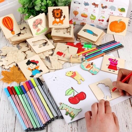 Kids Wooden Drawing Stencils Kit Drawing Board Toys Coloring Puzzle Arts Crafts Set Box Educational Toys for Children