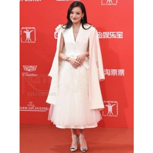 Designer White/Pale Blue Tiered Tulle Patches Wool/Cotton Blazer Dress Sleeveless Single Breasted Button Up Tailored Event Dress