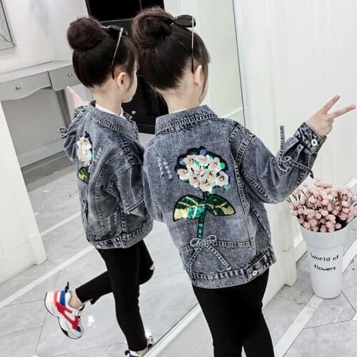 Flower Embroidery Kids Girls Denim Jacket Vintage Children Jeans Outerwear Coats Single Breasted Girls Denim Coat Clothes