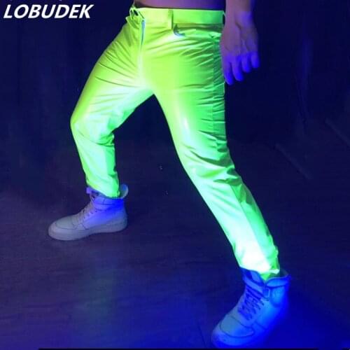 Fluorescent Green Elastic Slim Fit Leather Pants Bar Nightclub Male Singer Dancer Patent Leather Trousers DJ Gogo Dance Costume