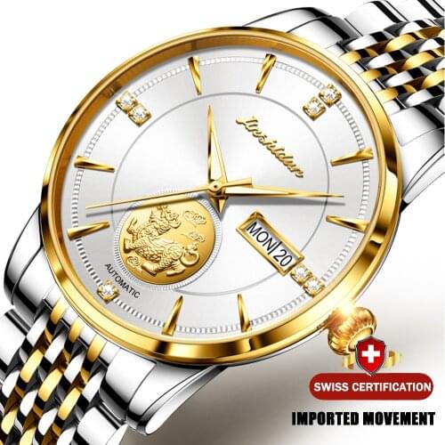 JSDUN Luxury Automatic Mens Watch vintage automatic mechanical watch Top 18K Gold Diamond waterproof Business wristWatch