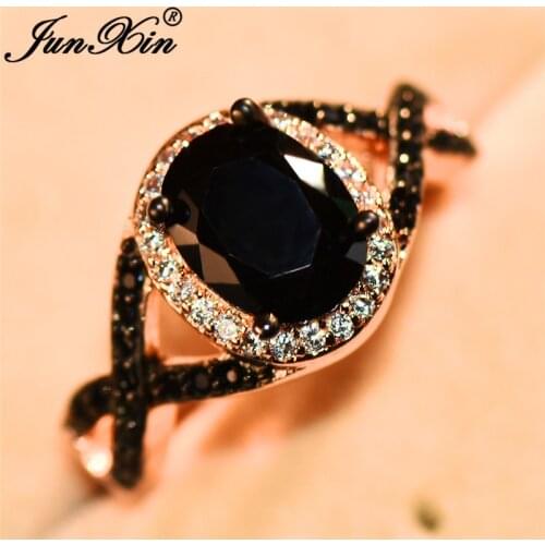 JUNXIN Big Oval Stone Cross X Rings For Women Rose Gold Filled Zircon Crystal Black Ring Female Wedding Bands Mom New Year Gift