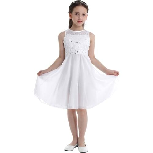 Summer Girls Party Dresses Sequined Lace Chiffon Sleeveless Flower Girl Princess Pageant Wedding Bridesmaid Birthday Kid Dress