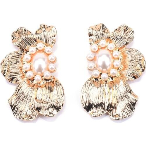 Fashion Inlay Pearl Metal Flowers ZA Earrings Jewelry Women Gold Color Vintage Punk Drop Earrings Female Statement Long Earrings