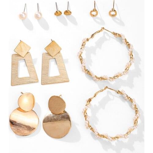 Mixed Gold Color Geometric Drop Earrings Set Fashion Twist Pearl Round Circle Square Dangle Earrings for Women Statement Jewelry