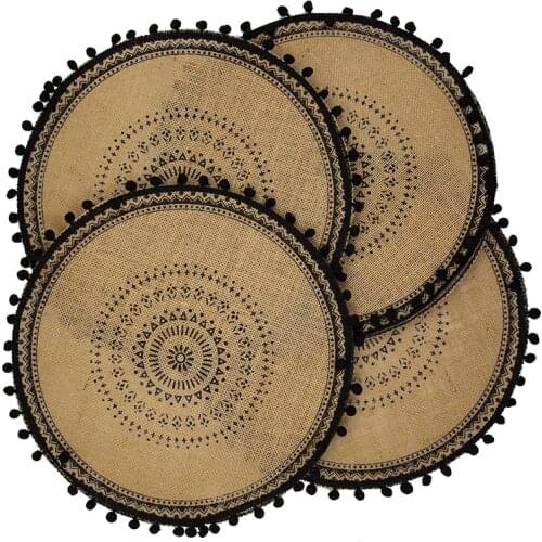 Round Placemats Set of 4,Boho Woven Jute Table Mats with Pompom Tassel for Dining Room Kitchen Table Decor