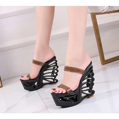 New Wedges Women Shoes PVC Transparent Slope Heel Shoes Woman Summer HOT 2020 Sexy Extra High Heel 14.5CM Shoes Female Slipper