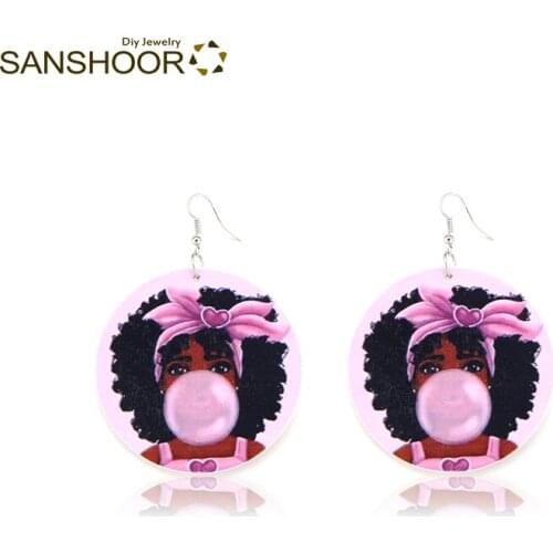 SANSHOOR New Arrival Pink Bubble Chewing Gum Girl African Print Wooden Drop Earrings for School Season 1 Pair
