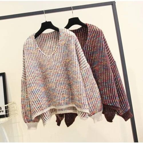Autumn Winter V-neck Knit Long Lantern Sleeve Casual Sweater Coat Female
