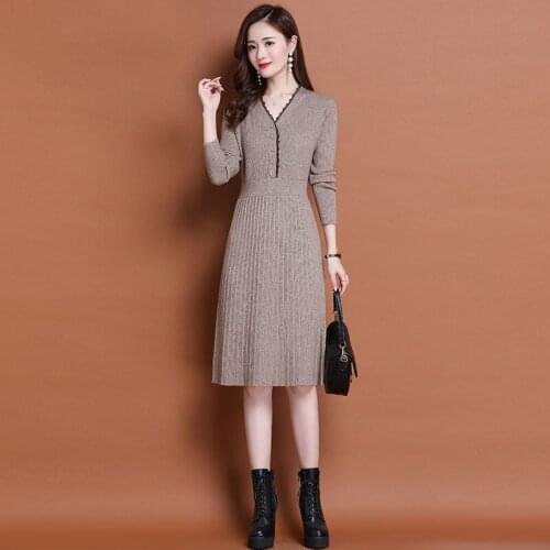 2020 New Autumn Women Korean V-Neck Solid Elastic Waist Knitted Sweater Dress Female Slim All-match Mid-long Vestidos O127