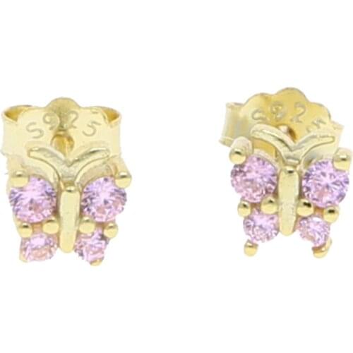 Authentic 925 Sterling Silver Womens Fashion Pink Cz Butterfly Stud Earrings Cubic Zirconia Earring Cute Gift For School Girls
