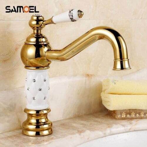 Luxury Diamond Golden plated Brass Faucets Bathroom Sink Basin Mixer single handle Torneira Gold Hot and Cold Taps G1100