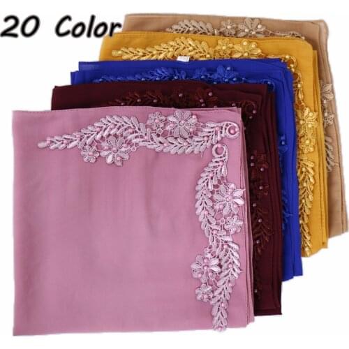 Crepe Hijab Chiffon Muslim Islamic Scarves Arabian Head Saudi Embroidery Hijabs with Pearls Head Hair Scarf Long Shawl 70*180cm