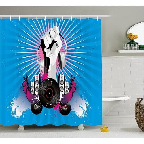 Modern Shower Curtain Music Elements with a Hand Holding Headphone Graffiti Style Illustration Bathroom Waterproof Curtains