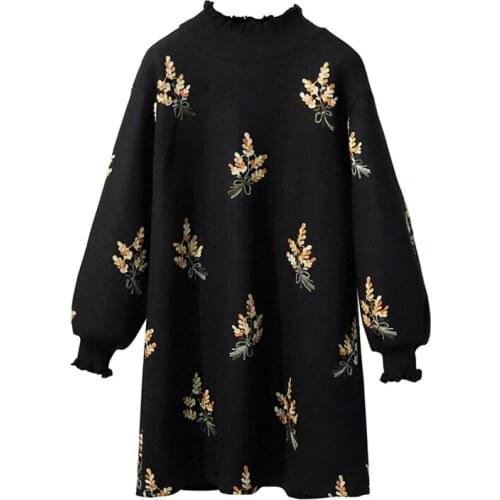 PERHAPS U Black Embroidery Plant Puff Sleeve Stand Collar Loose Short Plus Size Mini Dress Winter Autumn Elegant Floral D1430