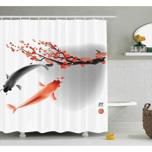 Japanese Shower Curtain Koi Carp Fish Couple Swimming with Cherry Blossom Sakura Branch Culture Design Fabric Bathroom Decor Set