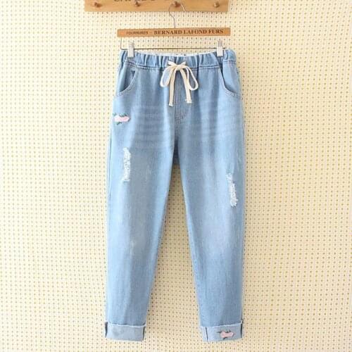 Plus Size 5XL Women Jeans Denim Pants Blue Ripped Embroidery Long Jeans