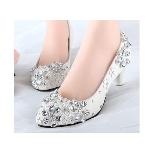 Crystal silver rhinestones wedding pumps shoes women handmade plus size female lace wedding shoes lady party shoes plus size