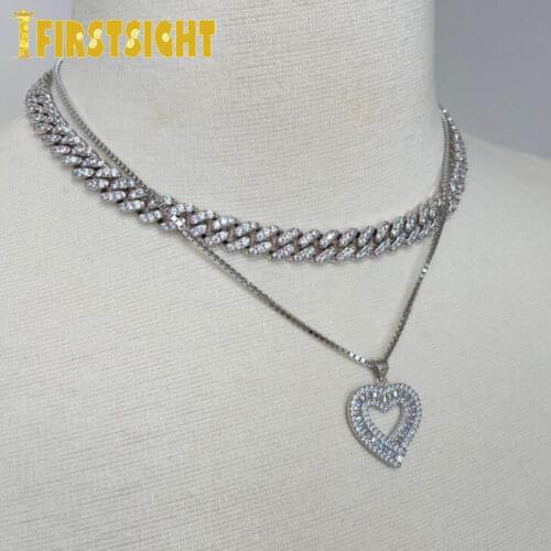 Bling Iced Out Heart Pendant 2 Colors Baguette AAA Zircon Lovely Heart Necklace For Women Valentines Fashion Hip hop Jewelry