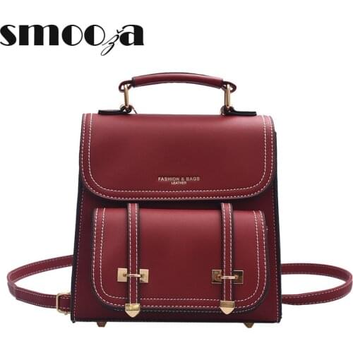 SMOOZA Women Pu Leather Backpack Single Shoulder Double Dual-Use Bag Female 2021 New Fashion Casual Solid Color Postman Backpack