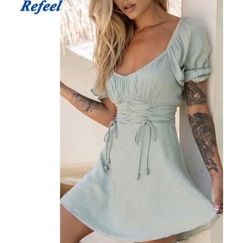 Short Sleeve Womens Satin Dresses A-line Solid Summer Dress Beach Boho Mini Dress Ruched Lace Up Vestidos De Mujer