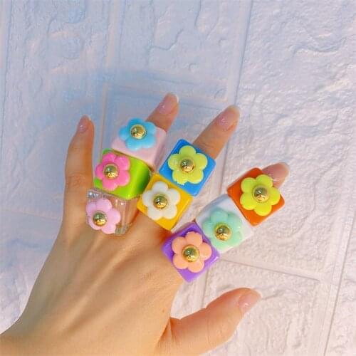 Aesthetic Y2K Vintage Resin Flower Geometric Square Rings for Women Harajuku 2021 New Colorful Rings Fashion Jewelry 90s Gifts