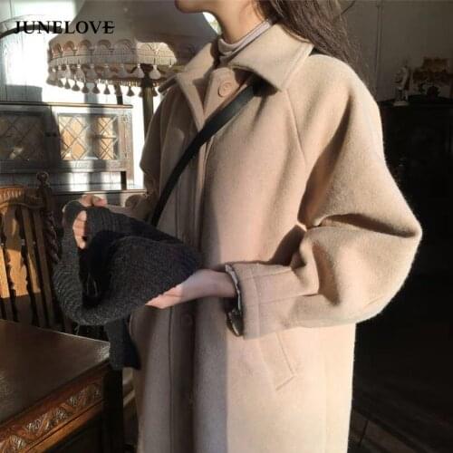 JuneLove Women Autumn Loose Warm Long Coats Vintage Single Breasted Female Wollen Jacket Coats Casual Street Lady Thick Outwears