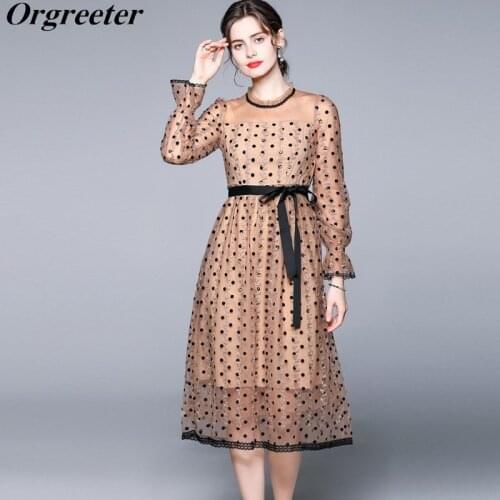 Women Autumn Luxury Embroidery Mesh Dress Robes Mujer High Quality Long Sleeve Dot Print Elegant Party Dress Vestidos