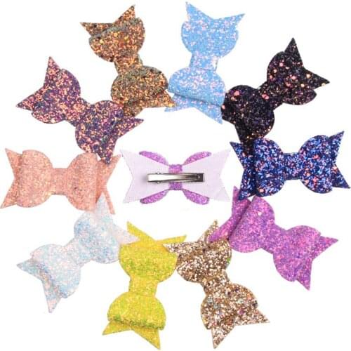 10pcs/lot Mermaid Sequins Hair Bows Glitter Double Layers Girls Harpins Leather Hair Clips Princess Dance Party Hair Accessories