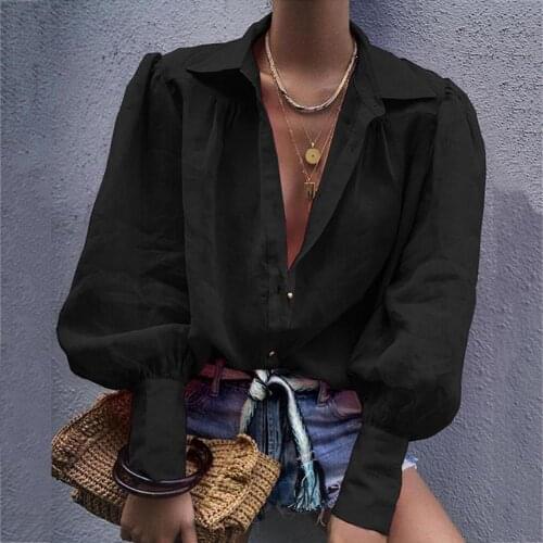 Puff Sleeve Buttons Shirts Women Loose Turn Down Collar Blouses Solid Casual Office Lady Fashion Blouse OL Style Female Shirt