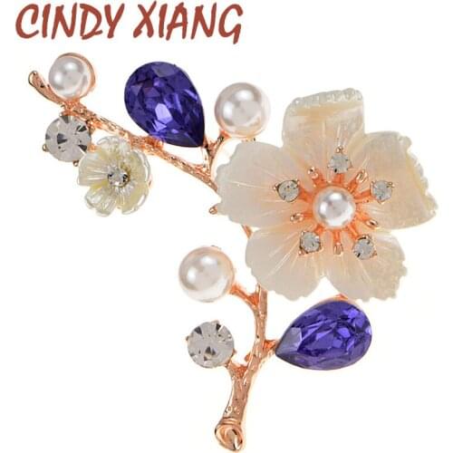 CINDY XIANG New Shell And Pearl Flower Brooches For Women Elegant Fashion Purple Crystal Brooch Pins Wedding Party Jewelry Gift